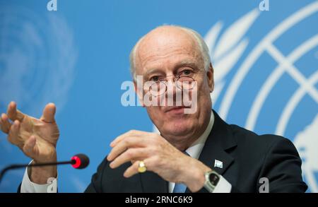 (160324) - GENF, 24. März 2016 -- UN-Sondergesandter für Syrien de Mistura spricht in Genf, Schweiz, 24. März 2016. Am Ende der jüngsten Verhandlungsrunde, die ein politisches Ende der syrischen Krise herbeiführen soll, hoffte UN-Vermittlerin Staffan de Mistura, dass ein Papier, in dem 12 Punkte der Gemeinsamkeiten zwischen den Kriegsparteien dargelegt werden, die Grundlage für substanzielle Verhandlungen im April bilden würde. ) SCHWEIZ-GENF-SYRIEN GESPRÄCHE-COMMONNALITY XuxJinquan PUBLICATIONxNOTxINxCHN Genf 24. März 2016 UN-Sondergesandter für Syrien de Mistura spricht die Medien in Genf Schweiz 24. März 2016 AS an Stockfoto