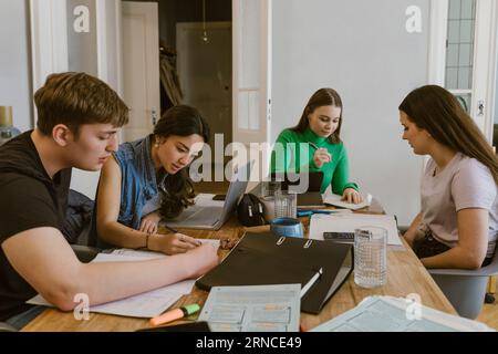 Junge Männer und Frauen machen Hausaufgaben am Esstisch Stockfoto