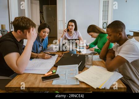 Junge Freunde verschiedener Rassen, die studieren, während sie Hausaufgaben am Esstisch machen Stockfoto