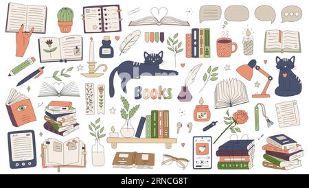 Bücher für Leseliebhaber. Hand gezeichnete offene Bücher, Stapel, Gläser, Hörbuch mit Ohrhörern, e-book, Bücher im Regal, Tasse Tee. Farbstich Stock Vektor