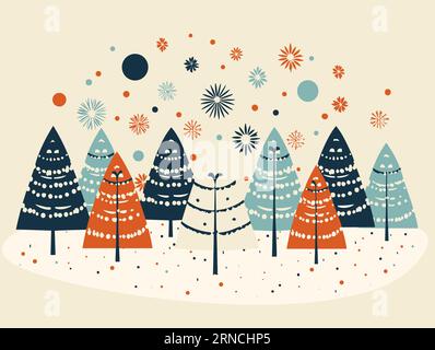 Bild Von Tannen-Weihnachtsbäumen Und Schneeflocken, Im Stil Von Mid-Century Illustration, Farbenfroher Cartoon, Orange Und Blau, Flickr, Illustration, Utiliz Stock Vektor
