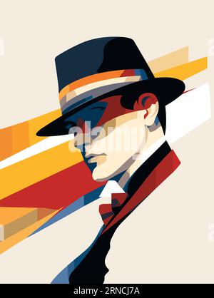 Ein Mann mit Hut und Krawatte mit farbigen, im Stil von Graphic Design Poster Art, filmische Eleganz, hochstilisierte Figuren, Hellzyan und Orange, St Stock Vektor