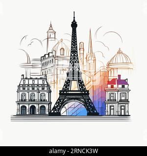 Paris Frankreich Und Europa Mit Eiffelturm Und Gebäuden Im Stil Eleganter Linien, Hellgrau Und Bernstein, Farbenfrohen Zeichnungen, Architektonischer Zeichnung Stock Vektor