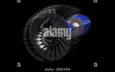 Düsenmotor innen - auf schwarzem Hintergrund - 3D-Abbildung Stockfoto