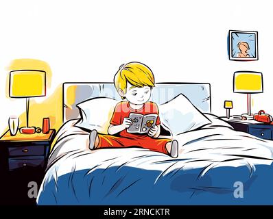 Ein Junge liest sein Buch auf dem Bett, im Stil von 2D Game Art, Digital Enhanced, Kodak Plus-X, Bold Use of Line, Happenings, Handheld Stock Vektor