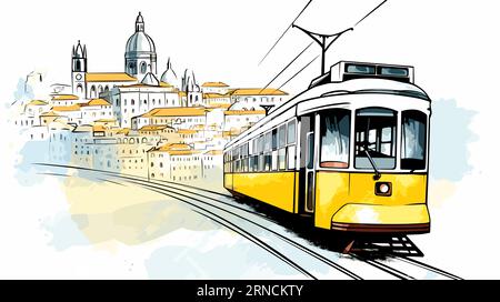 In Ctaly Lissabon Vladaská Vlatna, Hájena Tram, Im Stil Der Redaktionellen Cartooning, Hellbernstein Und Grau, Italienische Landschaften, Elegante Farbtechnik Stock Vektor