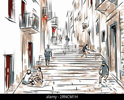 People on A Steep Alley in Old Country, im Stil des minimalistischen Cartoonings, Fluid Dynamic Brushwork, umrissene Kunst Stock Vektor