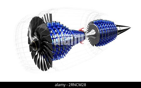 Düsenmotor innen - auf weißem Hintergrund - 3D-Abbildung Stockfoto