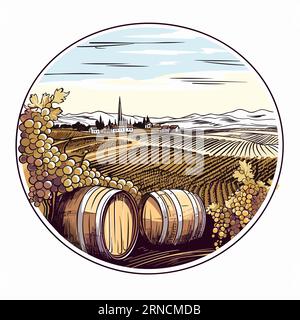 Vintage Weinlandschaft mit zwei Weingläsern und Einem Buch mit Sonnenuntergang, im Stil der grafischen Linienführung, traditionelle Landschaften, abgerundet, Rectangu Stock Vektor