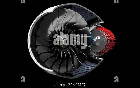 Düsenmotor innen - auf schwarzem Hintergrund - 3D-Abbildung Stockfoto