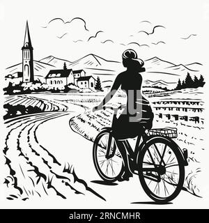 Frau, die auf dem Fahrrad auf dem Land reitet, im Stil von kontrastreichem Schattieren, Vintage Cut-and-Paste, vom Glauben inspiriert Stock Vektor