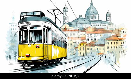 Eine gelbe Straßenbahn, die entlang der Straße fährt, mit der Lissabonner Stadtlandschaft dahinter, im Stil des Tintenwaschmalers Vector Llustration Stock Vektor