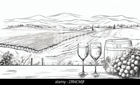 Vintage Weinlandschaft mit zwei Weingläsern und Einem Buch mit Sonnenuntergang, im Stil der grafischen Linienführung, traditionelle Landschaften Stock Vektor