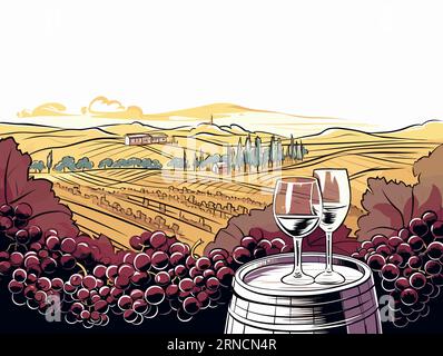 Vintage Aquarellstil in Einem Weinberg mit Weingläsern und Fassillustration, im Stil von terrassierten Stadtansichten, Trace Monotone, weiß und Bernstein Stock Vektor