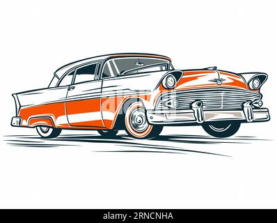 Ein Retro-orangefarbenes Auto auf weißem Hintergrund, im Stil von Holzschnitt-inspirierten Grafiken, Geschwindigkeit und Bewegung, Classic Tattoo-Motiven Stock Vektor