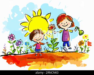 Kinder, die in Einem Blumengarten mit der Sonne spielen, im Stil der Kinderzeichnung, farbenfroher Cartoon Stock Vektor