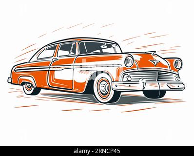 Ein orangefarbener Vintage 1950S Car Sketch auf weißem Hintergrund, im Stil von Geschwindigkeit und Bewegung, Holzschnitt und Linocut, cartoonistisches Charakter-Design Stock Vektor