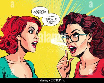Frauen, Die Mit Farbenfrohen Mündern Sprechen, Im Stil Von Surrealistisch-Traumhaft, Dark Magenta Und Light Azure, Pop Art Comic Book Style, Gesture Stock Vektor