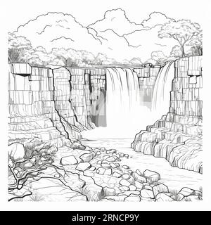 Eine Zeichnung der Wasserfälle in Tansania, im Stil feiner und detaillierter, monochromatischer Kompositionen, detaillierter Comic Book Art, detaillierter Himmel, Storybook- Stock Vektor