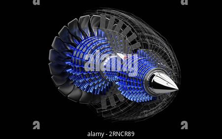 Düsenmotor innen - auf schwarzem Hintergrund - 3D-Abbildung Stockfoto