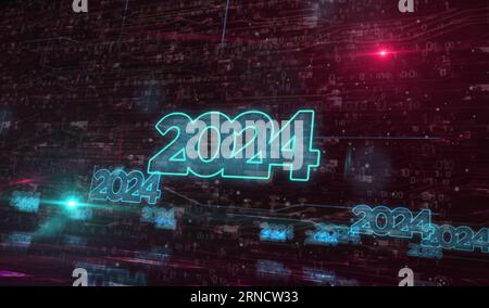 2024 Jahre futuristisches neues digitales Neonsymbol-Konzept. Abstrakte 3D-Darstellung von Netzwerk, Cyber-Technologie und Computerhintergrund. Stockfoto