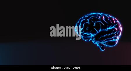 Neonhirn auf dunklem Hintergrund. Deep Learning, maschinelles Lernen und künstliche Intelligenz, KI-Technologie, Denkkonzept. 3D Abbildung Stockfoto