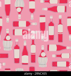 Nahtloses Muster mit Weinflaschen. Verschiedene Glasweinflaschen werden auf einem rosa Hintergrund chaotisch wiederholt. Vektordruck für Design-Hintergründe Stock Vektor