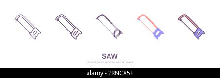Vektorsatz mit realistischen Bügelsägen-Symbolen. Säge für Garten. Handsäge Illustration, Metall, Holz und Porenbeton. Vektorillustration. Stock Vektor