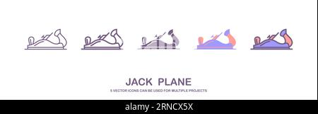 Holzplanensymbol in ausgefüllter, dünner Linie, Kontur und Kontur. Set aus Vektorsymbolen einer Holzebene. Stock Vektor