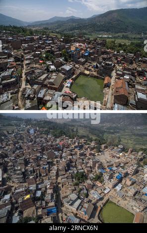 Das Kombinationsbild zeigt beschädigte Häuser nach dem Erdbeben am 13. Mai 2015 (oben) und den gleichen Standort in Patan, Nepal, am 23. April 2016. )(zhf) NEPAL-KATHMANDU-ERDBEBEN-JUBILÄUM LuixSuixWai PUBLICATIONxNOTxINxCHN Combination Picture zeigt beschädigte Häuser nach dem Erdbeben AM 13. Mai 2015 Top and the same Location in Patan Nepal AM 23. April 2016 zhf Nepal Kathmandu Earthquake Anniversary LuixSuixWai PUBLICATIONxNOTxINxCHN Stockfoto