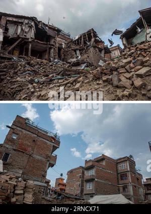 Das Kombinationsbild zeigt zerstörte Häuser nach dem Erdbeben am 13. Mai 2015 (oben) und den gleichen Standort in Patan, Nepal, am 23. April 2016. )(zhf) NEPAL-KATHMANDU-ERDBEBEN-JAHRESTAG LuixSuixWai PUBLICATIONxNOTxINxCHN Kombination Bild zeigt zerstörte Häuser nach dem Erdbeben AM 13. Mai 2015 Top and the same Location in Patan Nepal AM 23. April 2016 zhf Nepal Kathmandu Erdbeben-Jahrestag LuixSuixWai PUBLICATIONxNOTxINxCHN Stockfoto