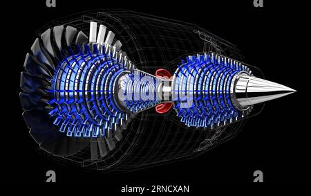 Düsenmotor innen - auf schwarzem Hintergrund - 3D-Abbildung Stockfoto