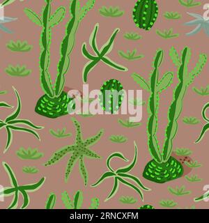 Niedliches, von Hand gezeichnetes, nahtloses Muster aus bunten Kakteen und Sukkulenten. Textiler Hintergrund für Babys. Muster für Kinderkleidung. Vektorillustration Stock Vektor