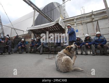 Tschernobyl - 30 Jahre nach dem Reaktorunglück (160424) -- TSCHERNOBYL, 24. April 2016 -- Foto aufgenommen am 22. April 2016 zeigt Arbeiter und einen Hund in Tschernobyl, Ukraine. Tschernobyl, ein Ort voller schrecklicher Erinnerungen in der Nordukraine, in der Nähe von Belarus, ist jetzt für Touristen zugänglich, fast 30 Jahre nach der Explosion eines Kernkraftwerks dort. Es war der schlimmste nukleare Unfall in der Geschichte der Menschheit. Ein großer Landstrich um das Werk herum wurde als verbotene Zone ausgewiesen, und gewöhnliche Menschen durften nach der Katastrophe am 26. April 1986 nicht betreten. Der Unfall relea Stockfoto