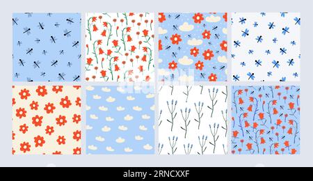 Vektor-Set aus einfachen Frühlingsmustern mit Libellen, roten Blumen, Wolken, Himmel auf weißem und hellblauem Hintergrund. Kinder Frühling Muster Kollektion. Vektorillustration Stock Vektor