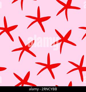 Nahtloses Vektormuster mit roten Seesternen, Meeressternen auf rosa Hintergrund. Einfaches Meeresmuster mit Meeressternen. Seestern, Muscheln, Seesterne. Vektorillustration Stock Vektor