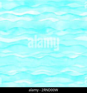 Abstrakter Aquarellhintergrund mit transparentem hellblauem türkisblauem Wellenmuster. Aquarell handgemalte Wellen Illustration. Drucken Stockfoto