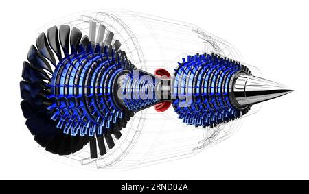 Düsenmotor innen - auf weißem Hintergrund - 3D-Abbildung Stockfoto