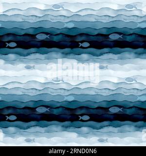 Abstraktes Aquarell Meer Marineblau Indigo Wellenmuster Hintergrund nahtlos. Wasserfarben handbemalte Wellen und Fische. Drucken Stockfoto