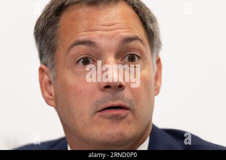 Brüssel, Belgien. September 2023. Premierminister Alexander de Croo, dargestellt auf einer Pressekonferenz nach einer ministerratstagung der Bundesregierung, Freitag, den 1. September 2023 in Brüssel. BELGA PHOTO BENOIT DOPPAGNE Credit: Belga News Agency/Alamy Live News Stockfoto