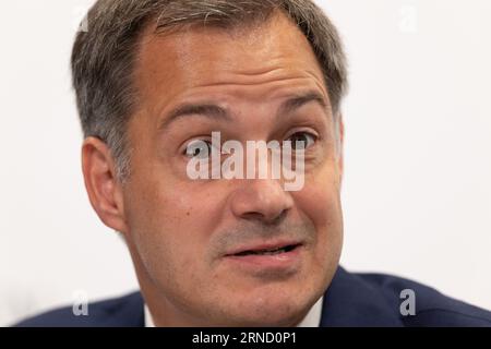 Brüssel, Belgien. September 2023. Premierminister Alexander de Croo, dargestellt auf einer Pressekonferenz nach einer ministerratstagung der Bundesregierung, Freitag, den 1. September 2023 in Brüssel. BELGA PHOTO BENOIT DOPPAGNE Credit: Belga News Agency/Alamy Live News Stockfoto