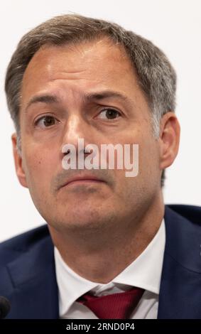 Brüssel, Belgien. September 2023. Premierminister Alexander de Croo, dargestellt auf einer Pressekonferenz nach einer ministerratstagung der Bundesregierung, Freitag, den 1. September 2023 in Brüssel. BELGA PHOTO BENOIT DOPPAGNE Credit: Belga News Agency/Alamy Live News Stockfoto