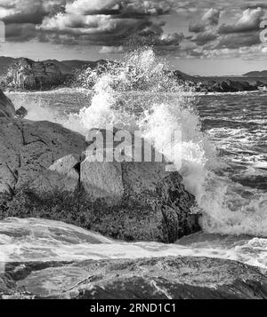 Die raue See des Atlantiks prallt gegen die Felsen von Ponta das Campanhas, Armacao auf Florianopolis und macht jedes fe zu einer perfekten Fotoausstellung Stockfoto