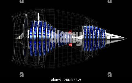 Düsenmotor innen - auf schwarzem Hintergrund - 3D-Abbildung Stockfoto
