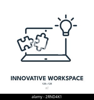 Symbol „Innovativer Arbeitsbereich“. Arbeitsplatz, Laptop, Desktop. Bearbeitbare Kontur. Symbol „Einfacher Vektor“ Stock Vektor
