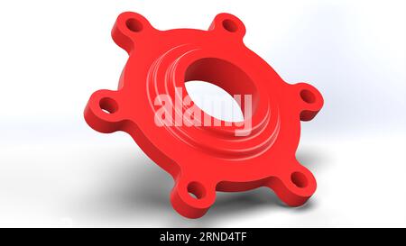 Rotes Mechanisches Teil. Kreisförmige Bohrungen für Schrauben. Komponentenkonstruktion 3D-Rendering. Isoliert auf weißem Hintergrund Stockfoto