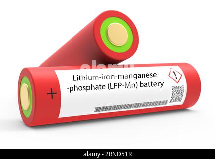 Lithium-Eisen-Mangan-Phosphat (LFP-Mn)-Batterie LFP-Mn-Batterien sind wiederaufladbar und werden in Anwendungen verwendet, die eine lange Lebensdauer und hohe saf erfordern Stockfoto