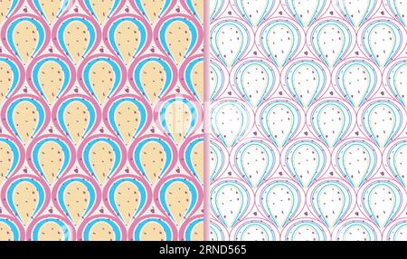 Abstraktes geometrisches nahtloses Muster 2er-Set. Kreatives Design im modernen Kunststil, Rosa-Blau-Gelb-Farbtöne. Kreis, quadratische Rahmenformen. Modern Stock Vektor