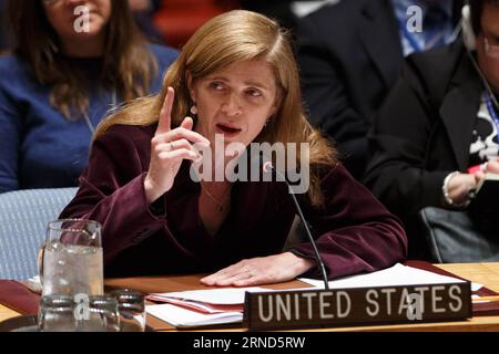 Sitzung des UN-Sicherheitsrats zum Friedensprozess in Syrien (160504) -- NEW YORK, 4. Mai 2016 -- Samantha Power, Ständige Vertreterin der Vereinigten Staaten bei den Vereinten Nationen, spricht vor der Tagung des UN-Sicherheitsrats zu Syrien am 4. Mai 2016 im UN-Hauptquartier in New York. Die Vereinten Nationen forderten die syrischen Parteien am Mittwoch nachdrücklich auf, die Feindseligkeiten in Aleppo, einer großen Stadt im Norden Syriens, die eine Eskalation gewaltsamer Kämpfe erlebt hat, einzustellen.) VN-NEW YORK-SICHERHEITSRAT-SYRIEN LixMuzi PUBLICATIONxNOTxINxCHN Treffen des VN-SICHERHEITSRATS zum Friedensprozess in Syrien 160504 Stockfoto