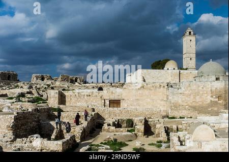(160505) -- PEKING, 5. Mai 2016 -- Aktenfoto vom 19. Januar 2012 zeigt Menschen, die die Zitadelle von Aleppo in Aleppo, Syrien, besuchen. Die Zitadelle von Aleppo ist ein großer mittelalterlicher befestigter Palast im Zentrum der Altstadt von Aleppo. )(zhf) SYRIEN-ALEPPO-DATEI LixMuzi PUBLICATIONxNOTxINxCHN Peking 5. Mai 2016 Datei Foto aufgenommen AM 19. Januar 2012 zeigt Prominente besuchen die Zitadelle von Aleppo in Aleppo Syrien die Zitadelle von Aleppo IST ein großer mittelalterlicher befestigter Palast im Zentrum der Altstadt von Aleppo zhf Syrien Aleppo Datei LiXMuzi PUBLTINxCHIOxN Stockfoto